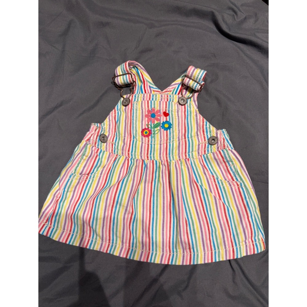 OshKosh B'gosh Baby Girls Rainbow Stripe Floral Embroidered Bib Apron Dress 6M